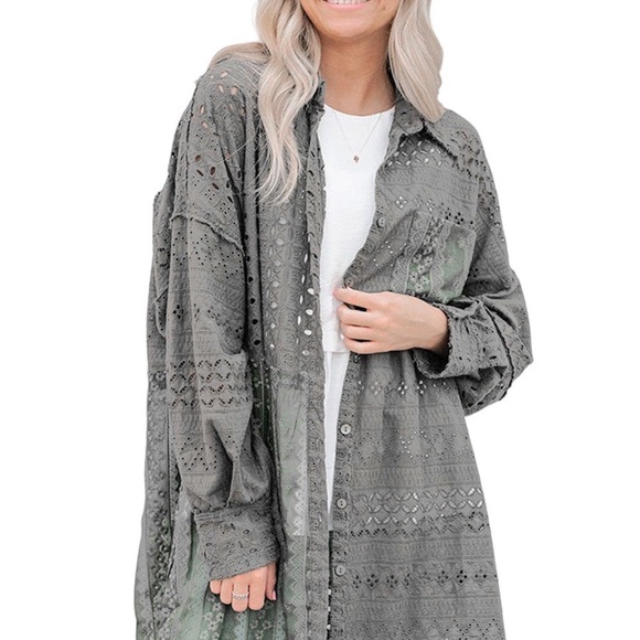 Duffel Green Eyelet Pattern Patchwork Oversized Button Up Shacket Bohemian style - Picture 14 of 15